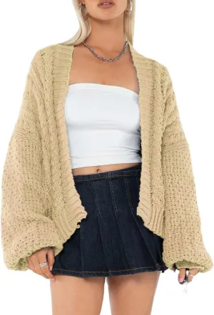 Womens Chunky Cardigan Lantern Sleeve Open Front Sweaters Loose Cable Knit Oversized Cardigans Outwear Coats