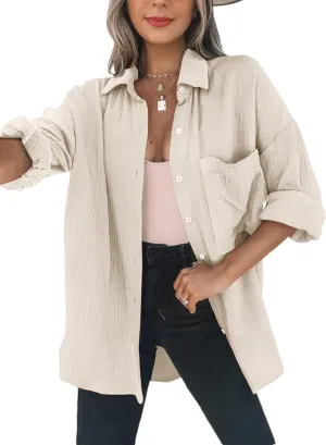 Womens Color Block Button Down Shirts Long Sleeve Oversized Boyfriend Blouses Tops