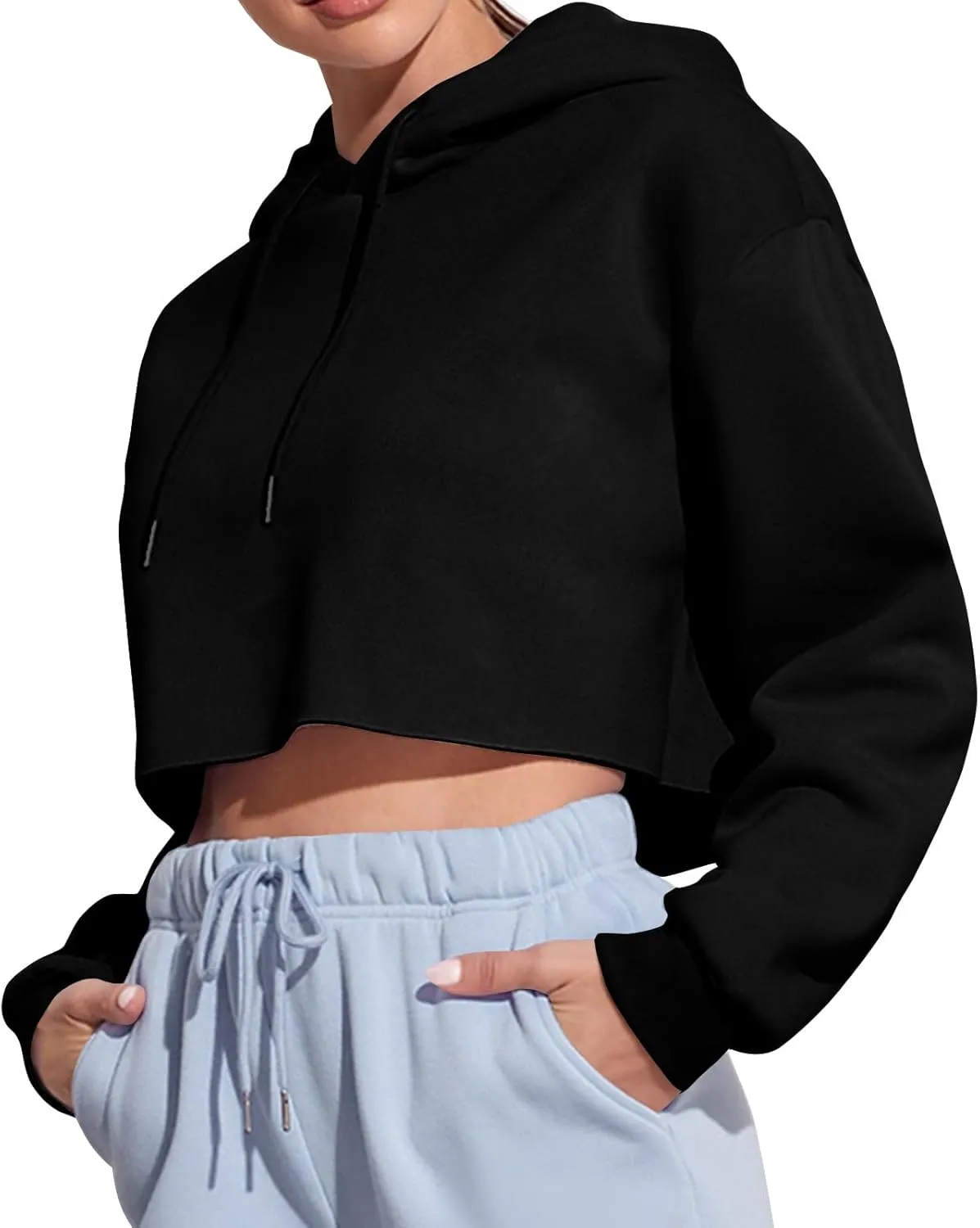 Womens Cropped Hoodie Crop Sweatshirts for Women Casual Workout Pullover Tops Drawstring Top Hooded Sweatshirt Fall
