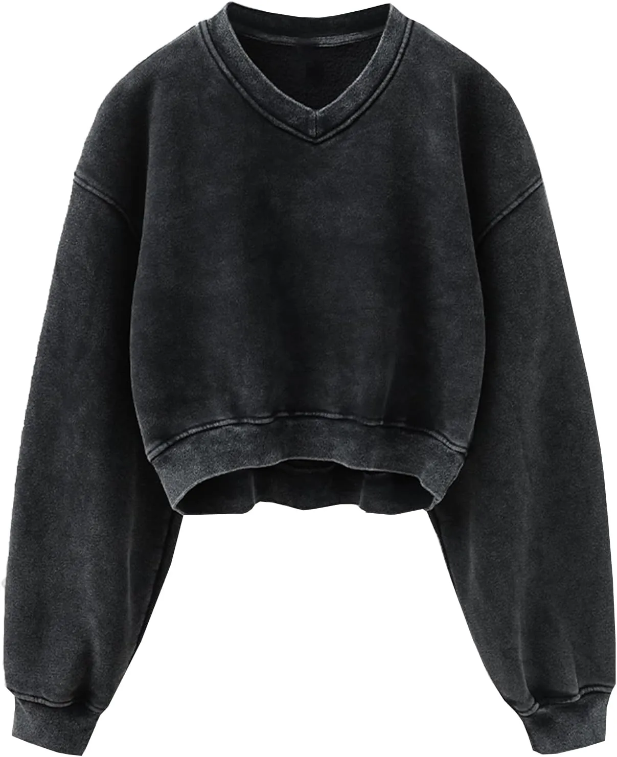 Womens Cropped Sweatshirt Acid Wash Fleece Sweatshirts V Neck Long Sleeve Workout Crop Tops