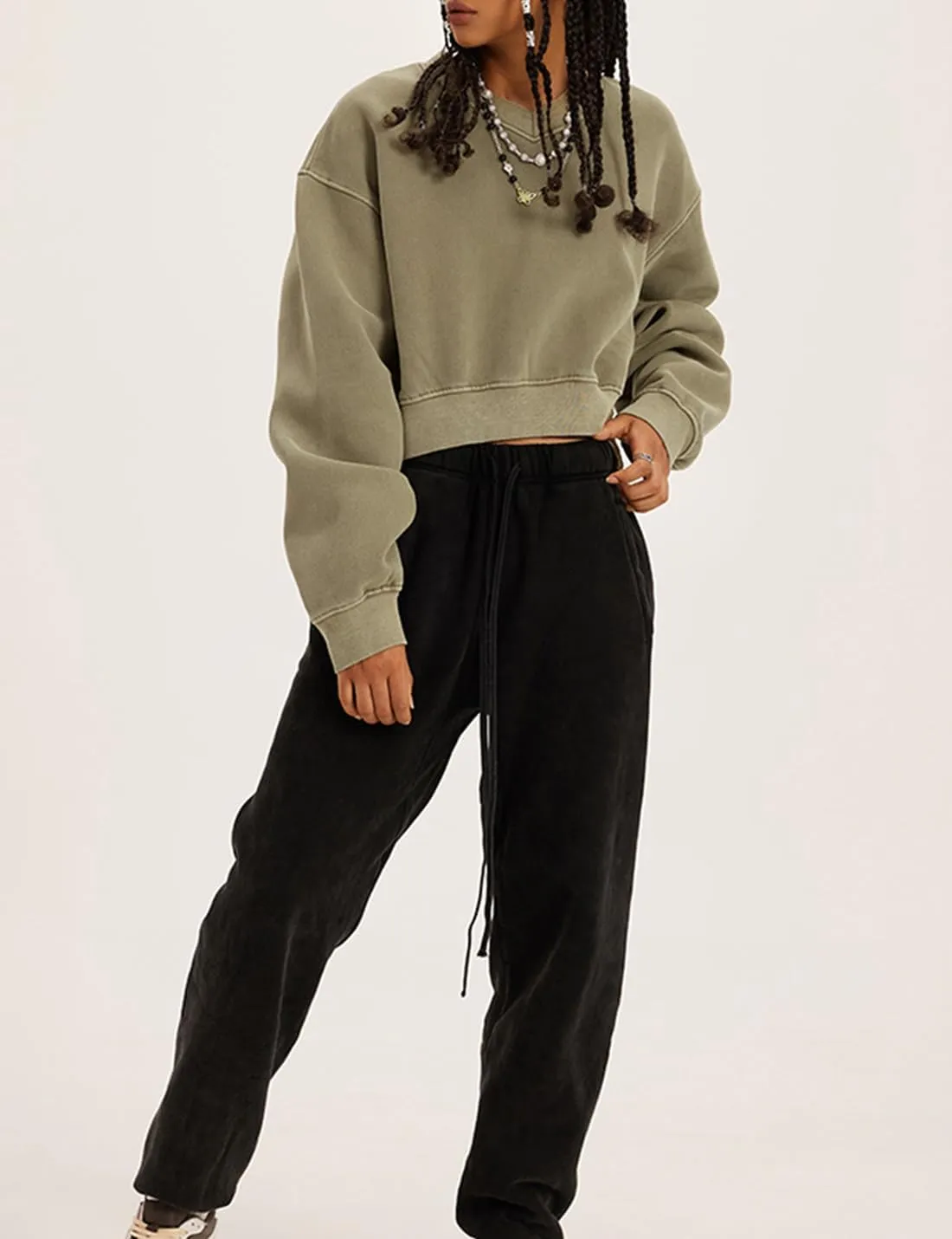 Womens Cropped Sweatshirt Acid Wash Fleece Sweatshirts V Neck Long Sleeve Workout Crop Tops