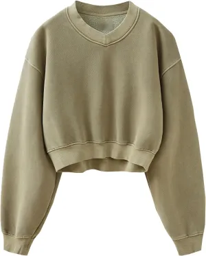 Womens Cropped Sweatshirt Acid Wash Fleece Sweatshirts V Neck Long Sleeve Workout Crop Tops