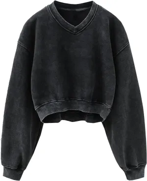 Womens Cropped Sweatshirt Acid Wash Fleece Sweatshirts V Neck Long Sleeve Workout Crop Tops