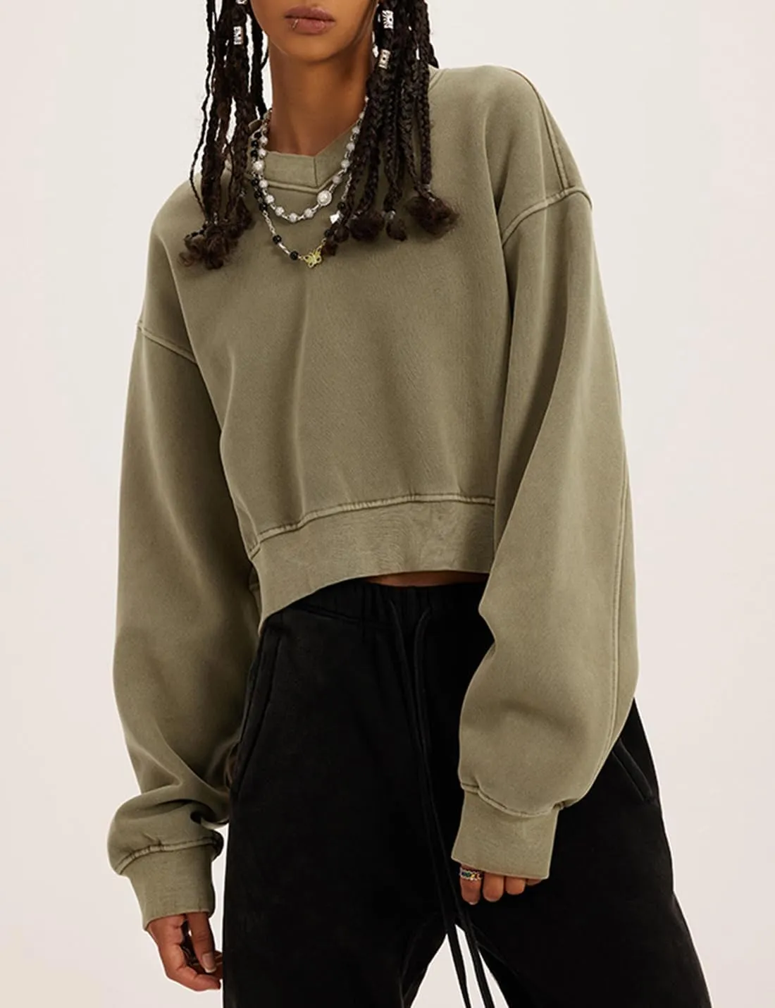 Womens Cropped Sweatshirt Acid Wash Fleece Sweatshirts V Neck Long Sleeve Workout Crop Tops