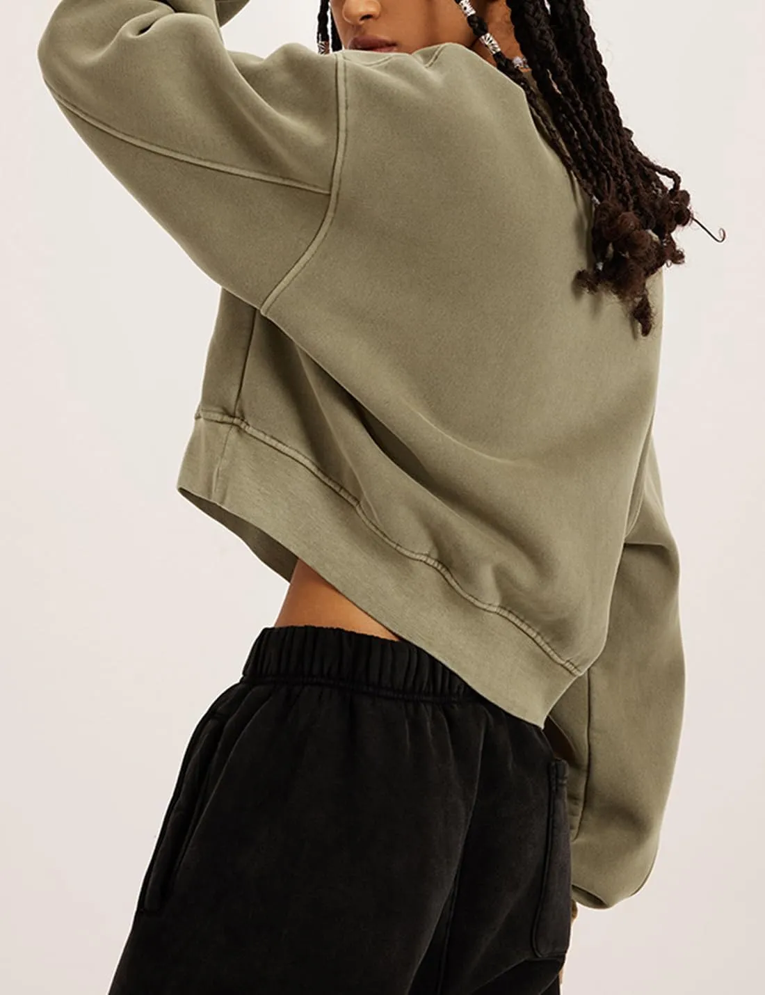 Womens Cropped Sweatshirt Acid Wash Fleece Sweatshirts V Neck Long Sleeve Workout Crop Tops