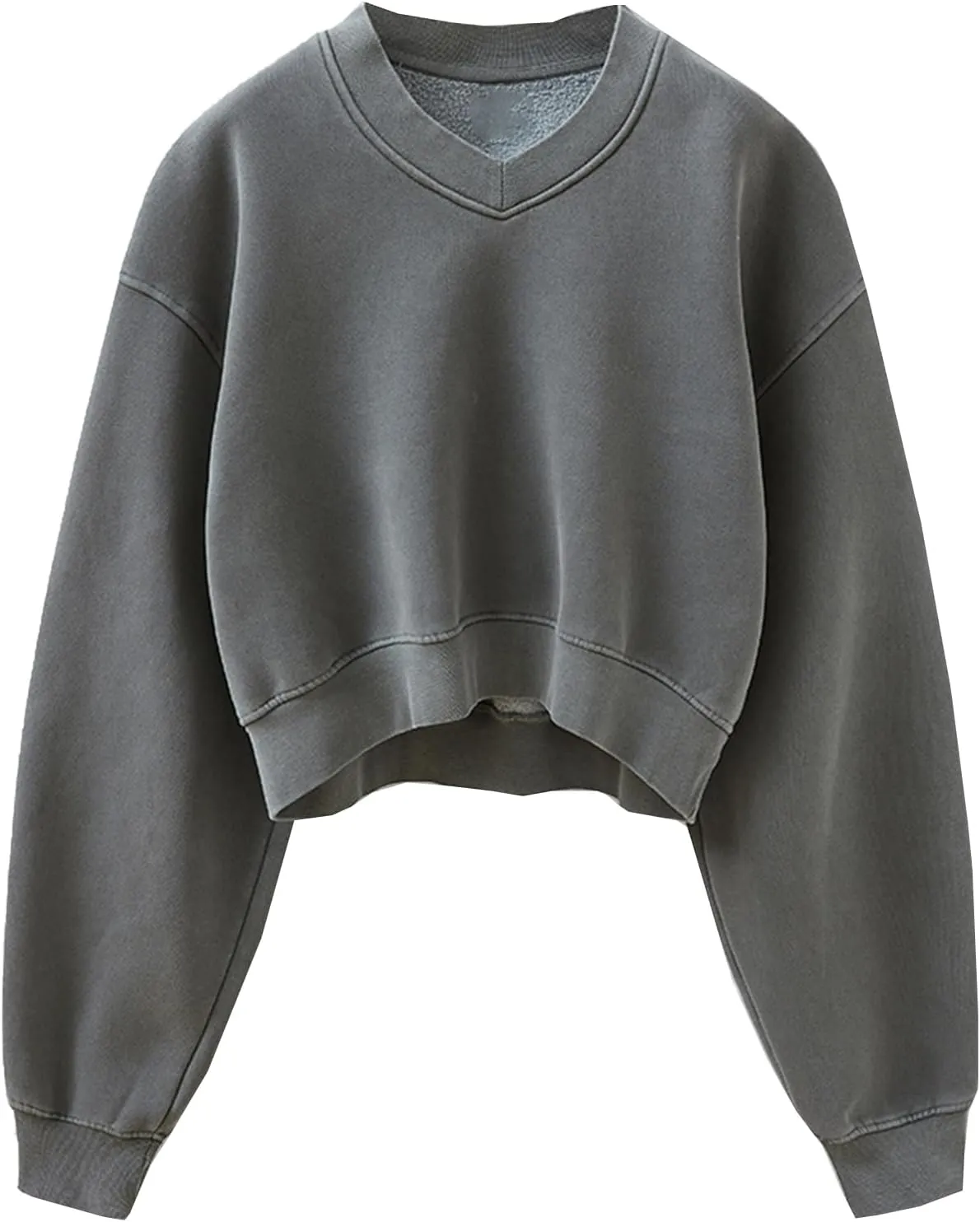 Womens Cropped Sweatshirt Acid Wash Fleece Sweatshirts V Neck Long Sleeve Workout Crop Tops