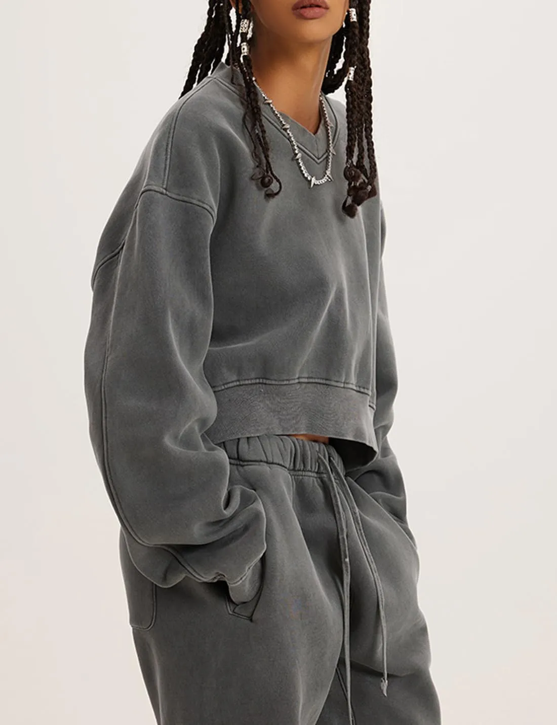 Womens Cropped Sweatshirt Acid Wash Fleece Sweatshirts V Neck Long Sleeve Workout Crop Tops