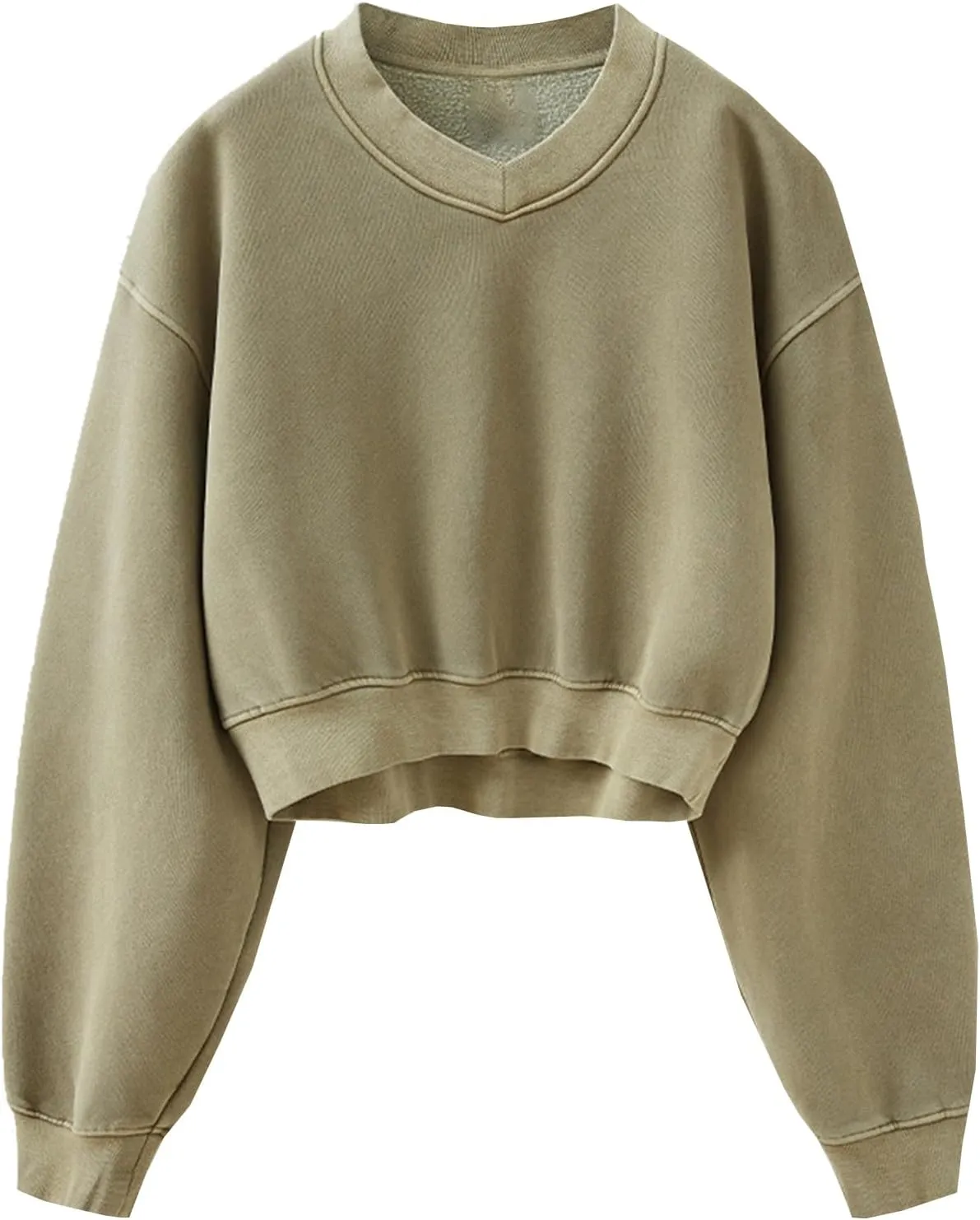 Womens Cropped Sweatshirt Acid Wash Fleece Sweatshirts V Neck Long Sleeve Workout Crop Tops