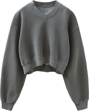 Womens Cropped Sweatshirt Acid Wash Fleece Sweatshirts V Neck Long Sleeve Workout Crop Tops