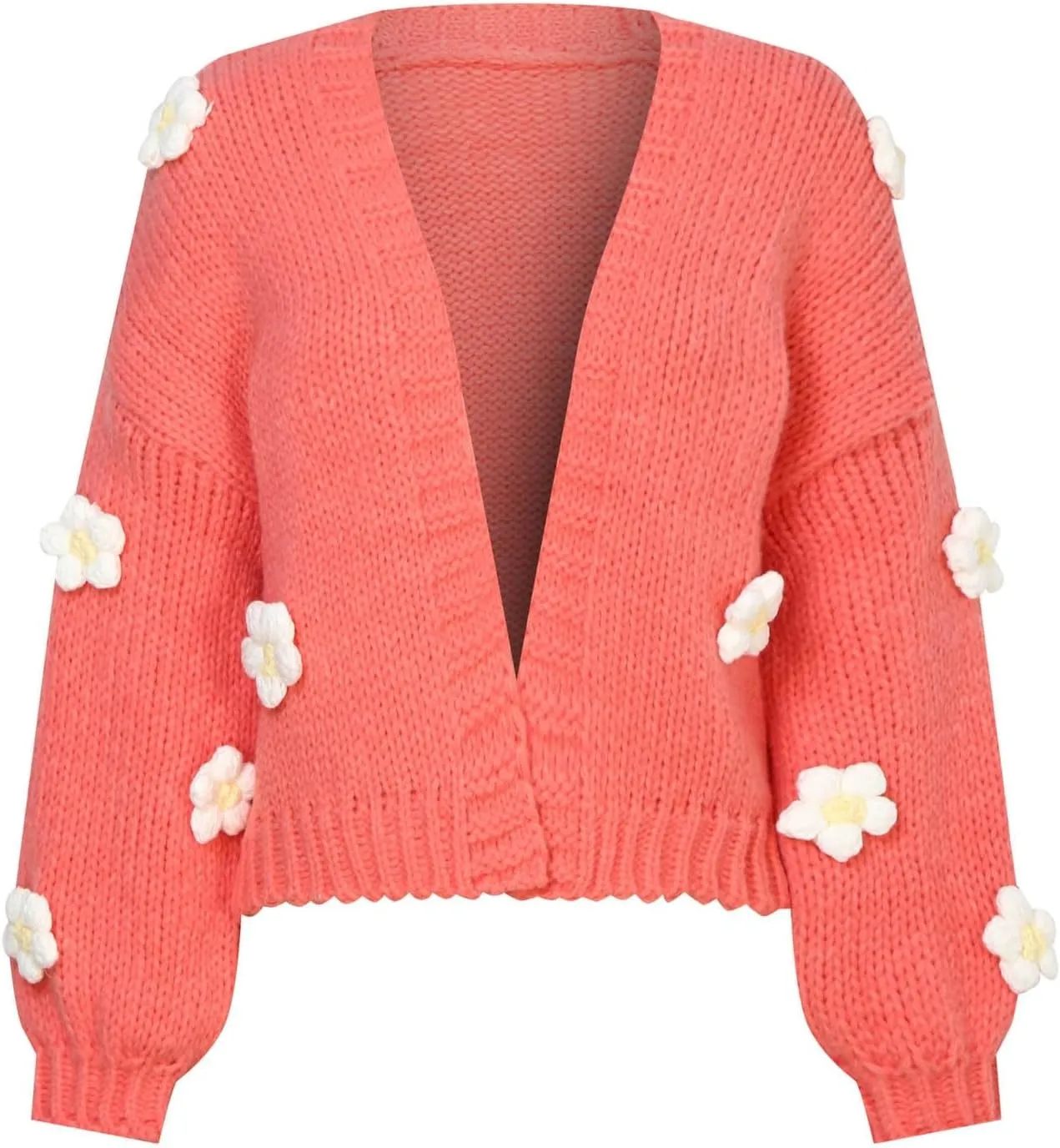 Women's Cute 3D Flower Print Cardigan Sweater Long Sleeve V Neck Open Front Crop Knit Oversized Loose Chunky Coat