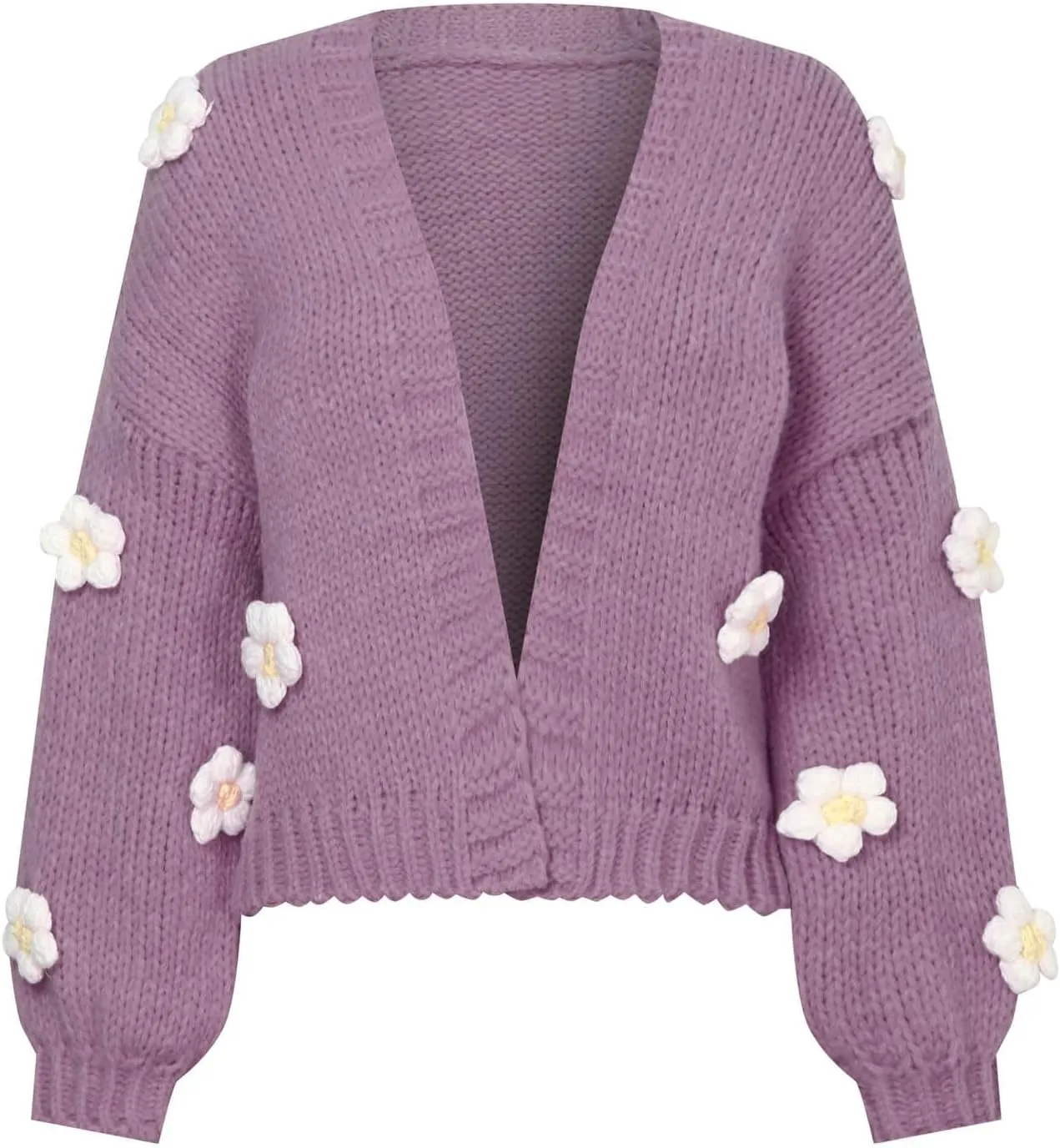 Women's Cute 3D Flower Print Cardigan Sweater Long Sleeve V Neck Open Front Crop Knit Oversized Loose Chunky Coat
