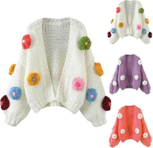 Women's Cute 3D Flower Print Cardigan Sweater Long Sleeve V Neck Open Front Crop Knit Oversized Loose Chunky Coat