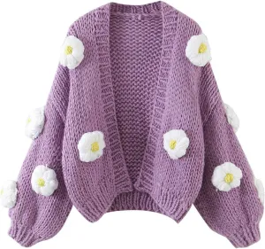 Women's Cute 3D Flower Print Cardigan Sweater Long Sleeve V Neck Open Front Crop Knit Oversized Loose Chunky Coat