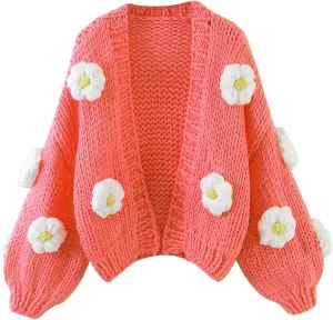 Women's Cute 3D Flower Print Cardigan Sweater Long Sleeve V Neck Open Front Crop Knit Oversized Loose Chunky Coat