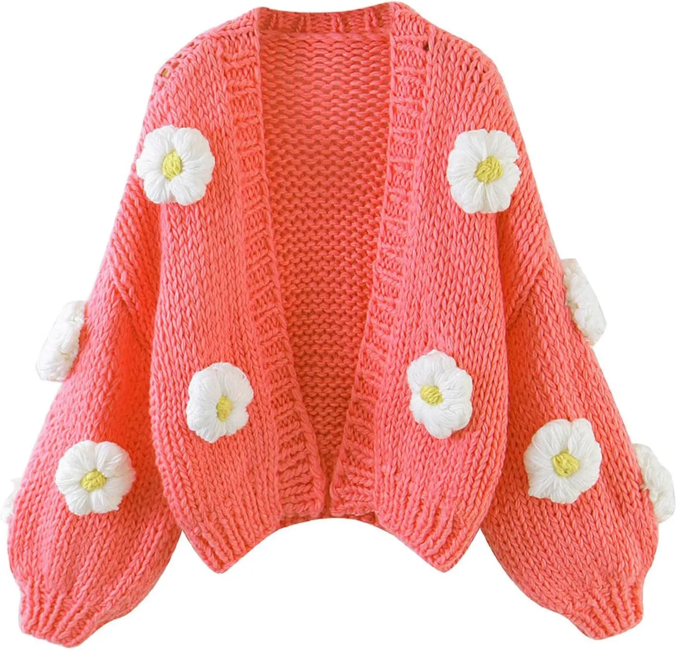 Women's Cute 3D Flower Print Cardigan Sweater Long Sleeve V Neck Open Front Crop Knit Oversized Loose Chunky Coat