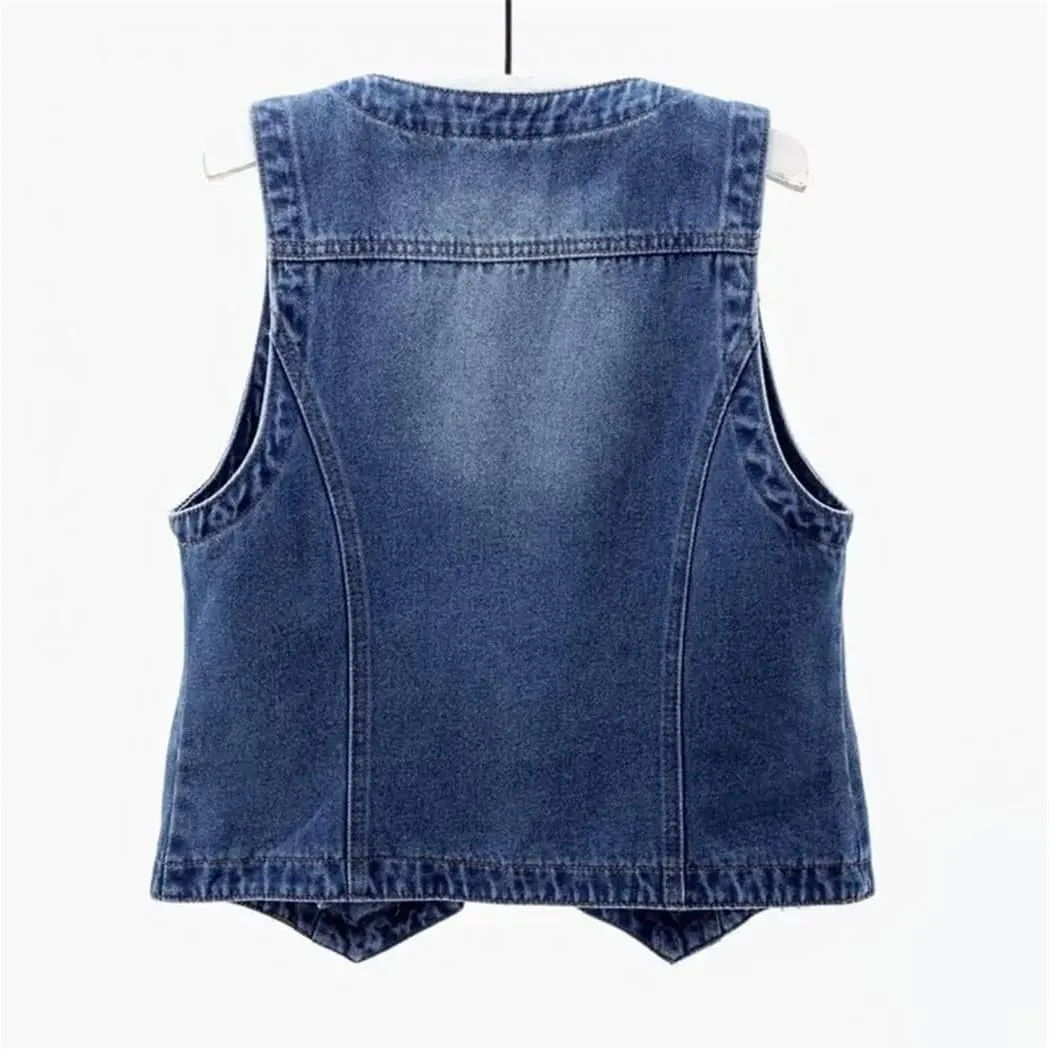 Womens Denim Vest Sleeveless Loose V Neck Coat Vintage Jacket Streetwear Lady Fall Spring Waistcoat