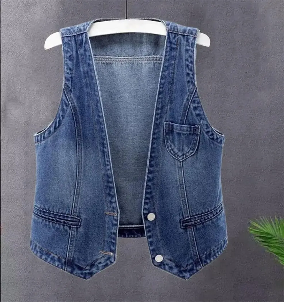 Womens Denim Vest Sleeveless Loose V Neck Coat Vintage Jacket Streetwear Lady Fall Spring Waistcoat