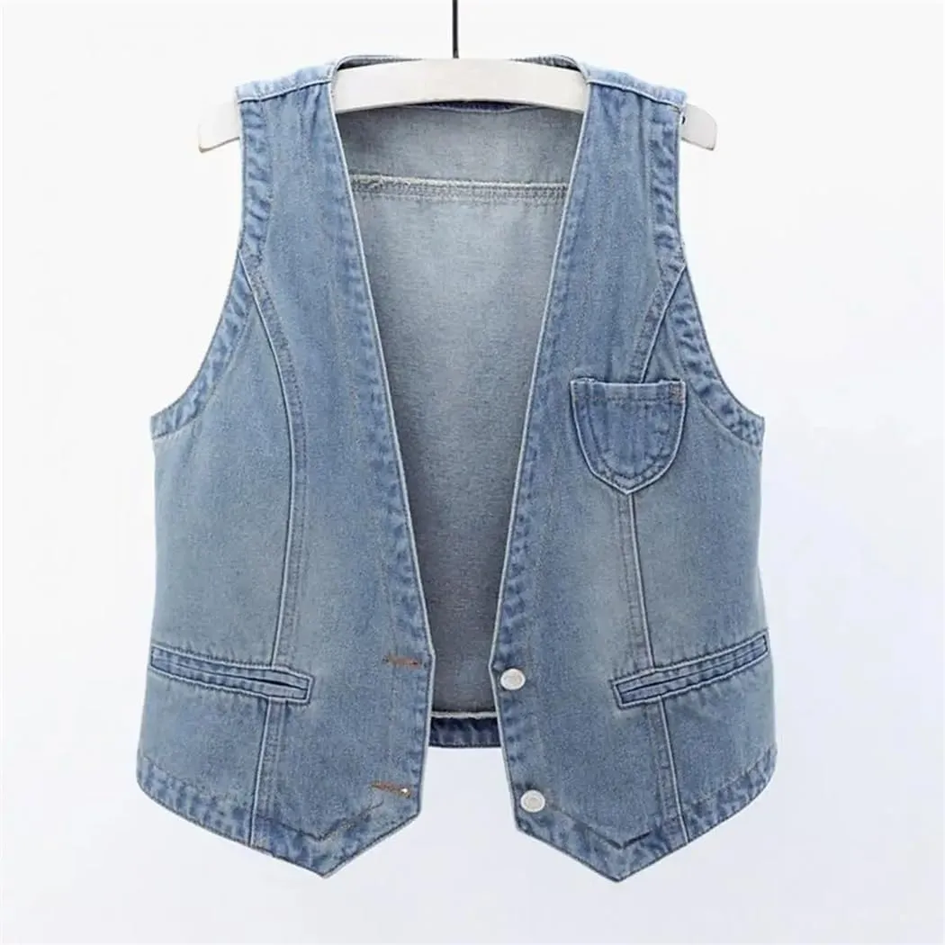 Womens Denim Vest Sleeveless Loose V Neck Coat Vintage Jacket Streetwear Lady Fall Spring Waistcoat