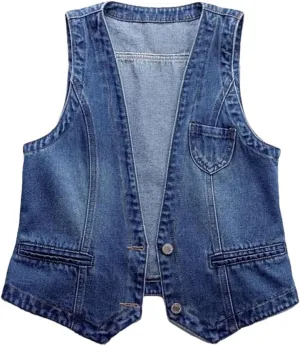 Womens Denim Vest Sleeveless Loose V Neck Coat Vintage Jacket Streetwear Lady Fall Spring Waistcoat