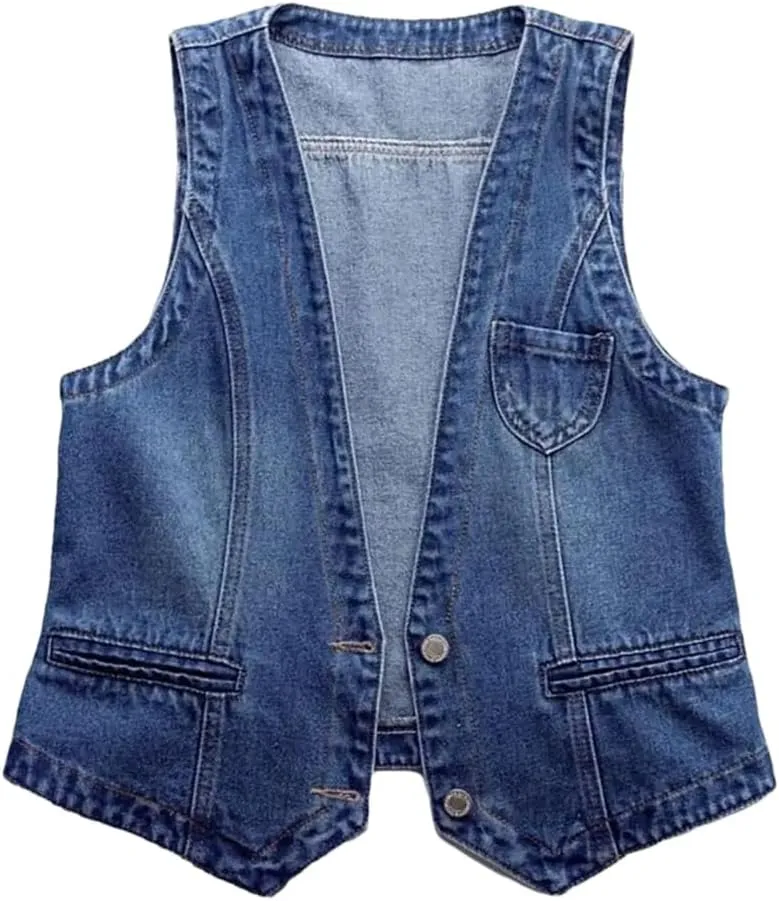 Womens Denim Vest Sleeveless Loose V Neck Coat Vintage Jacket Streetwear Lady Fall Spring Waistcoat