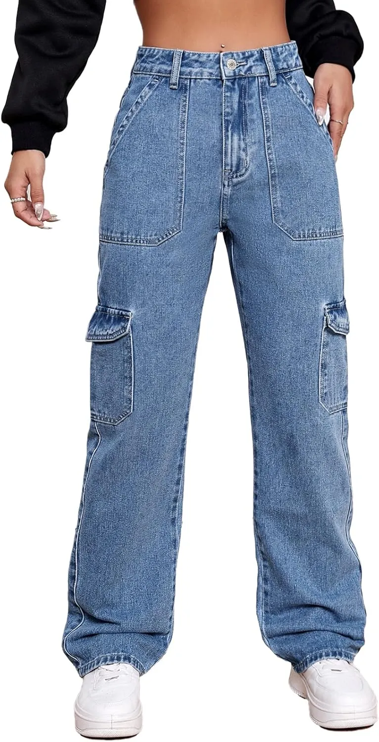 Women's High Waisted Cargo Jeans Stretch Wide Leg Denim Pants Trendy