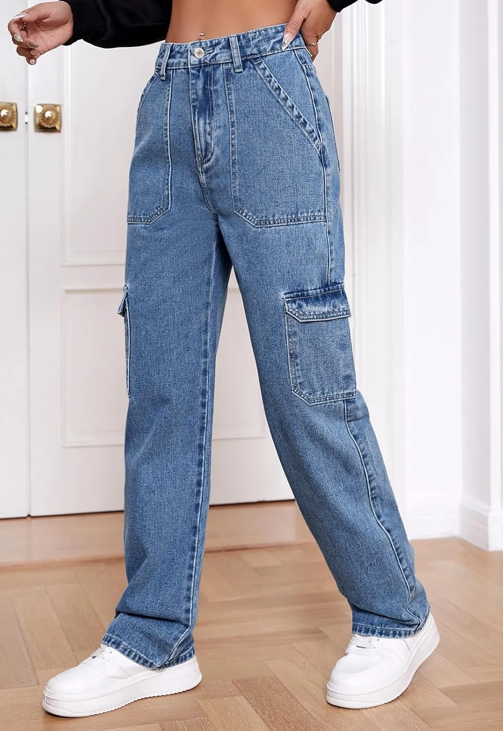 Women's High Waisted Cargo Jeans Stretch Wide Leg Denim Pants Trendy