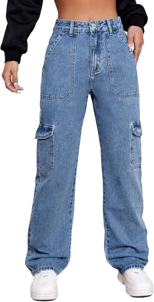 Women's High Waisted Cargo Jeans Stretch Wide Leg Denim Pants Trendy