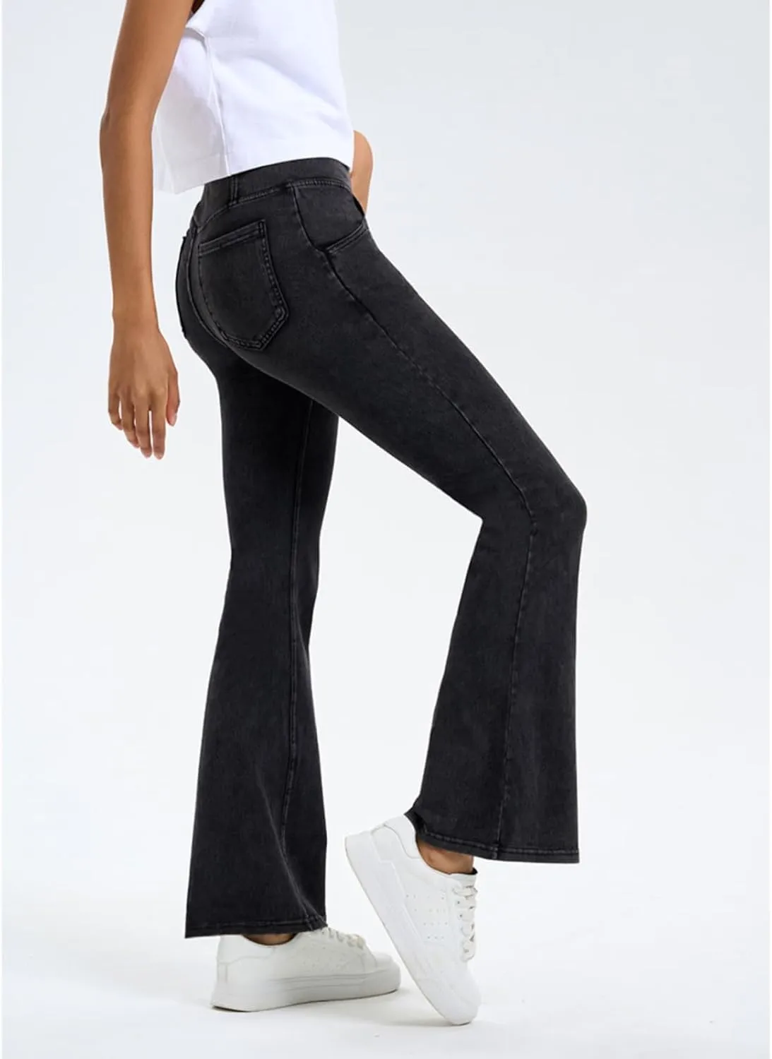 Women's High Waisted Crossover Butt-Lifting V-Waisted Flare Jeans Yoga Denim Pants with Double Pockets