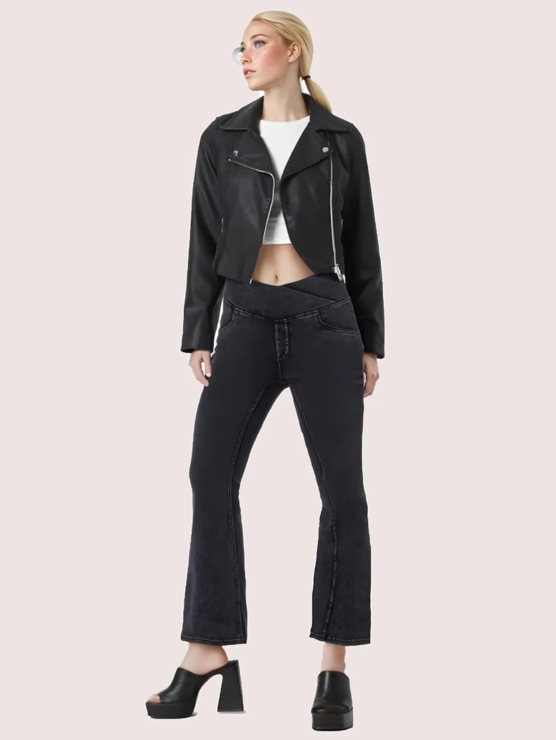 Women's High Waisted Crossover Butt-Lifting V-Waisted Flare Jeans Yoga Denim Pants with Double Pockets