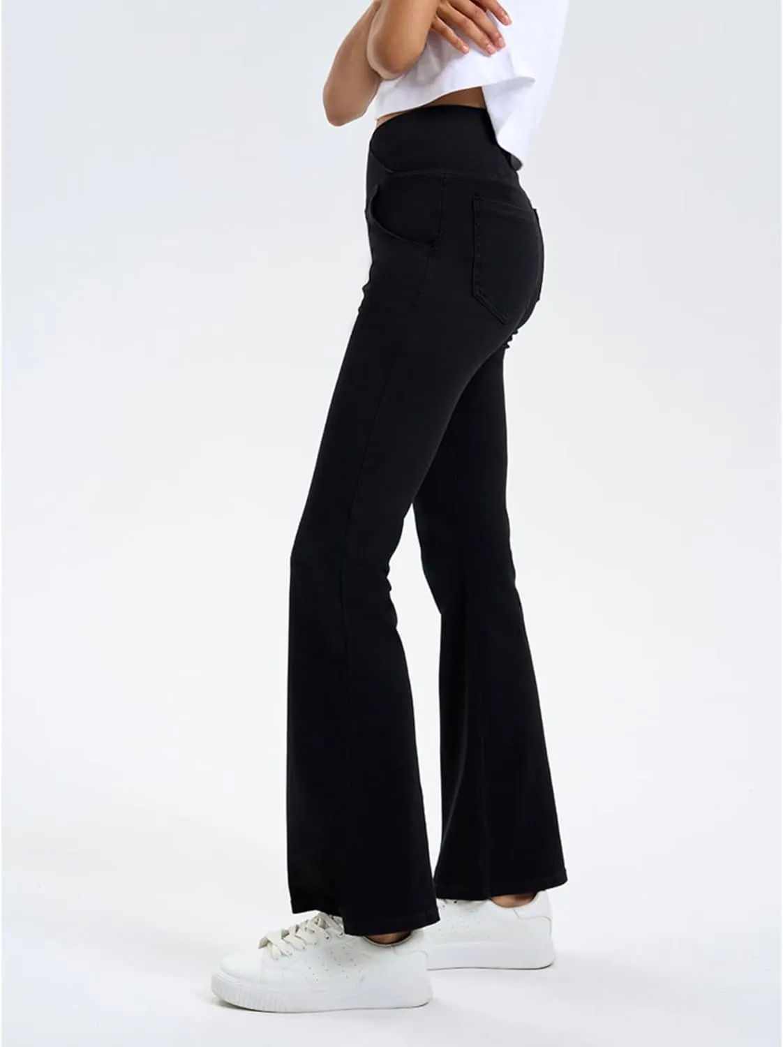 Women's High Waisted Crossover Butt-Lifting V-Waisted Flare Jeans Yoga Denim Pants with Double Pockets