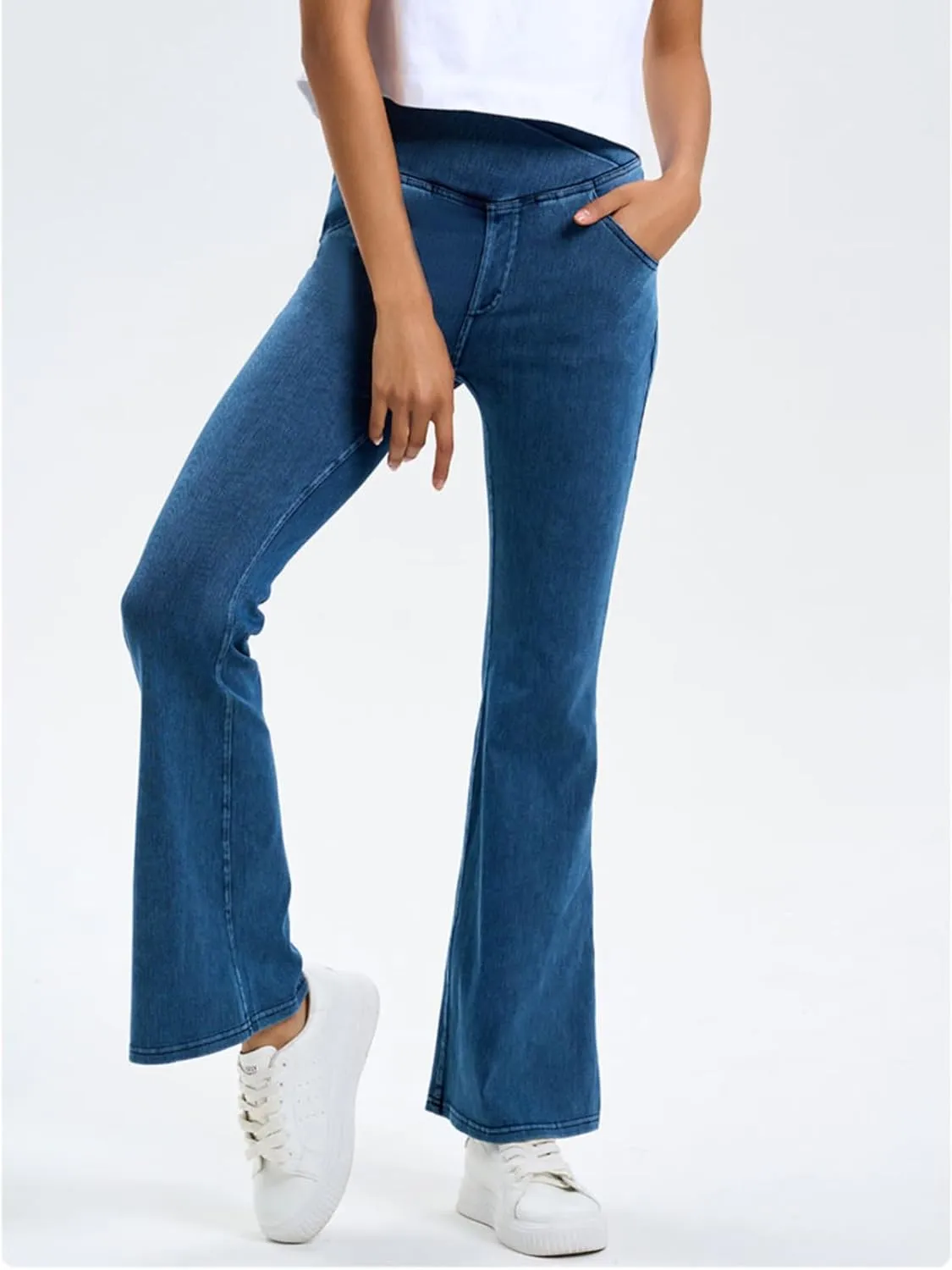Women's High Waisted Crossover Butt-Lifting V-Waisted Flare Jeans Yoga Denim Pants with Double Pockets