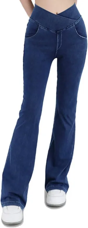 Women's High Waisted Crossover Butt-Lifting V-Waisted Flare Jeans Yoga Denim Pants with Double Pockets