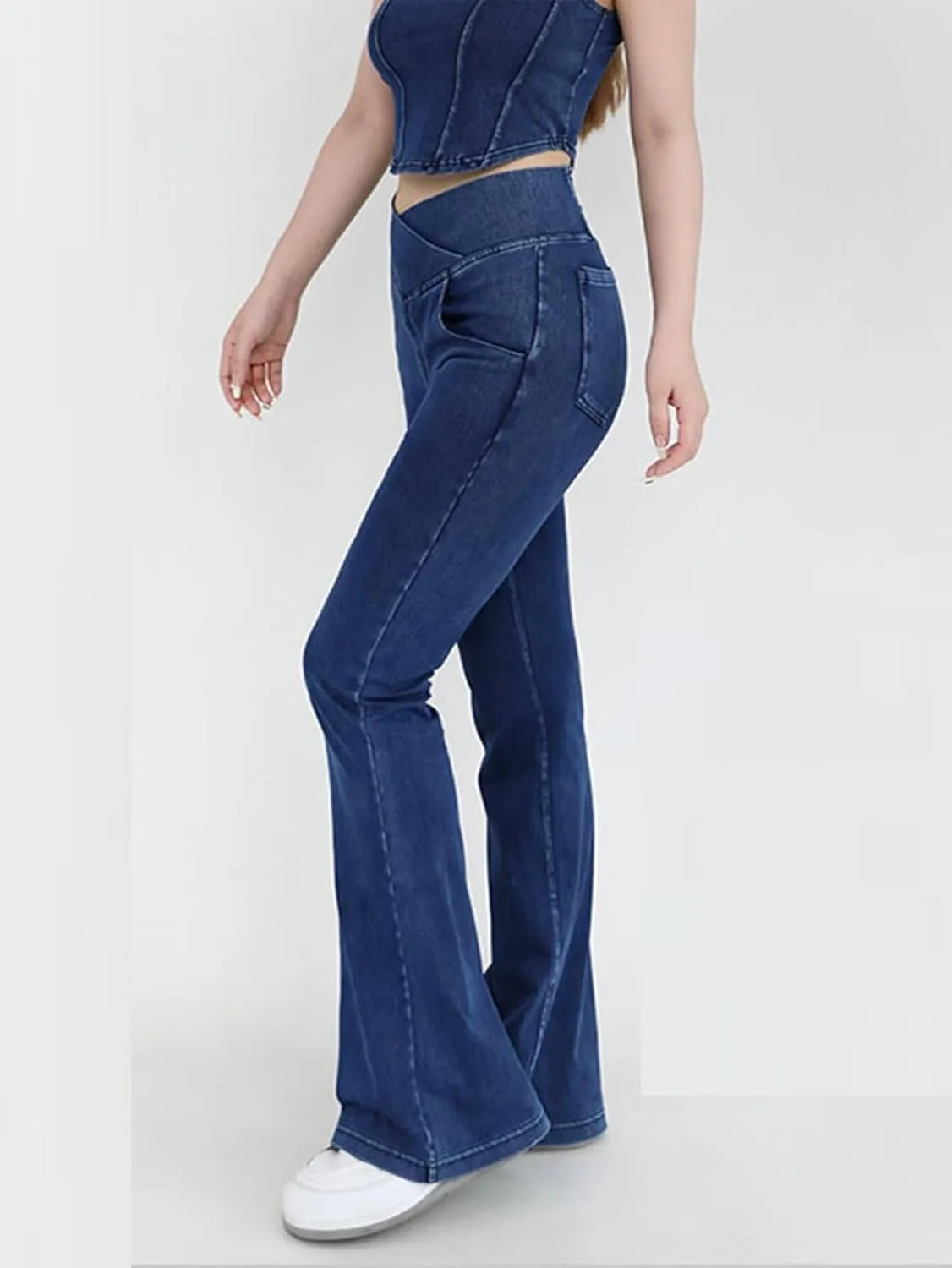 Women's High Waisted Crossover Butt-Lifting V-Waisted Flare Jeans Yoga Denim Pants with Double Pockets