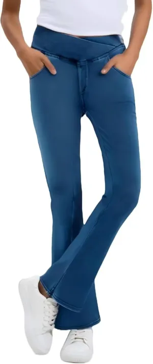 Women's High Waisted Crossover Butt-Lifting V-Waisted Flare Jeans Yoga Denim Pants with Double Pockets