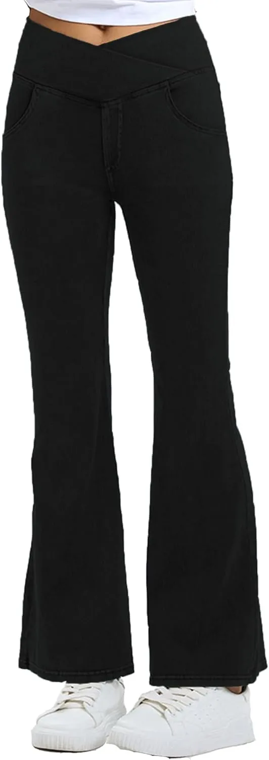 Women's High Waisted Crossover Butt-Lifting V-Waisted Flare Jeans Yoga Denim Pants with Double Pockets