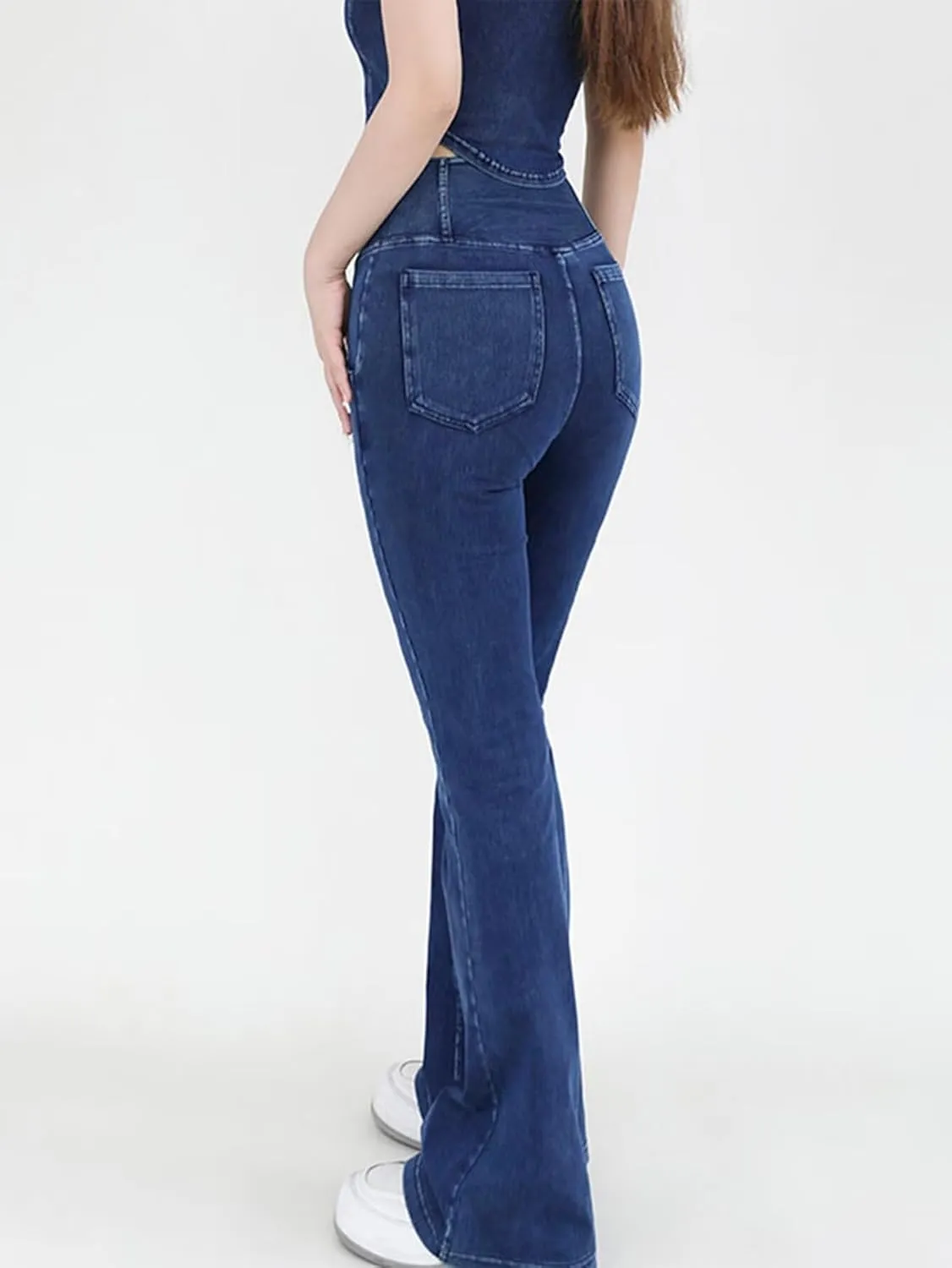 Women's High Waisted Crossover Butt-Lifting V-Waisted Flare Jeans Yoga Denim Pants with Double Pockets