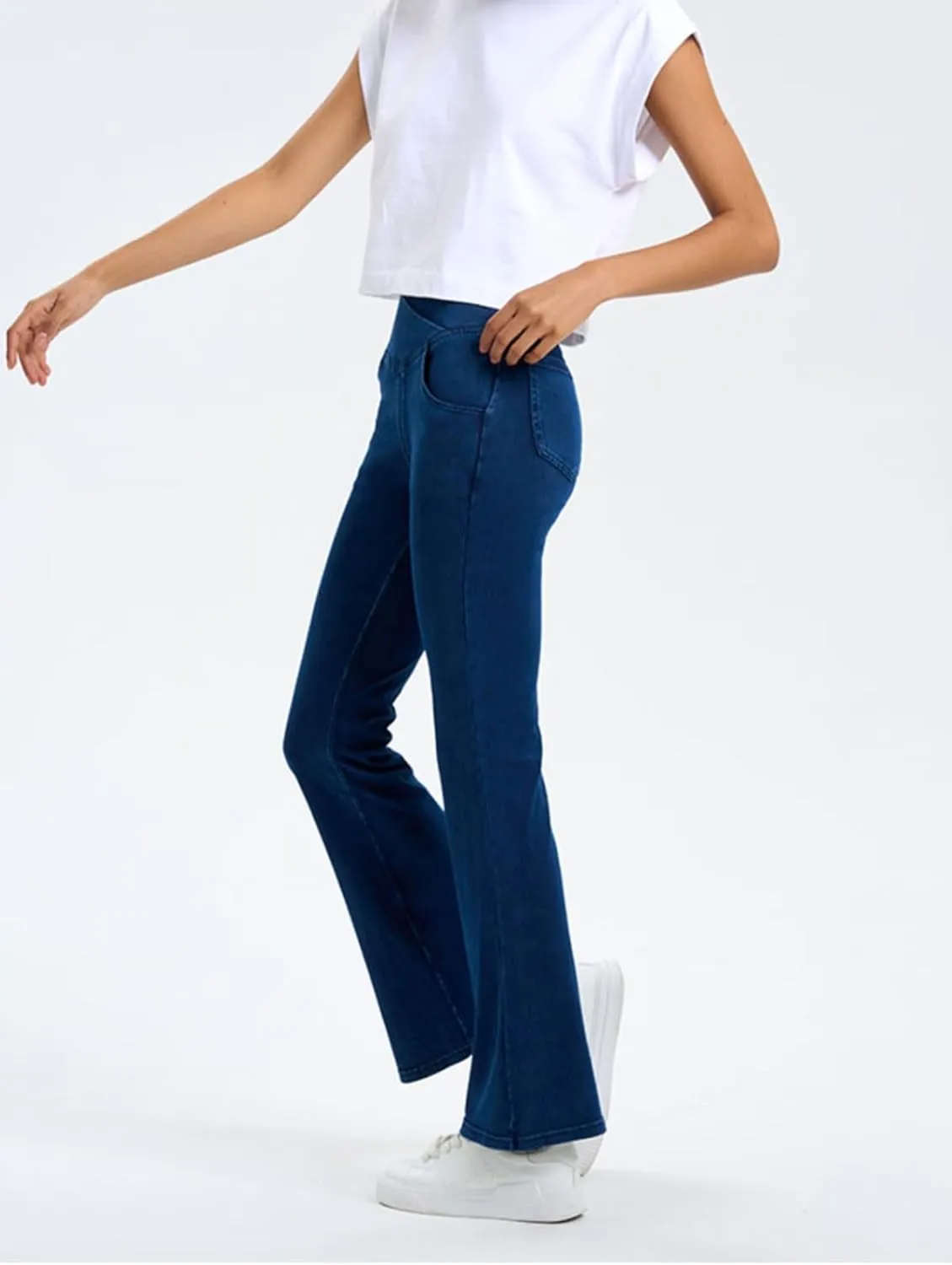 Women's High Waisted Crossover Butt-Lifting V-Waisted Flare Jeans Yoga Denim Pants with Double Pockets