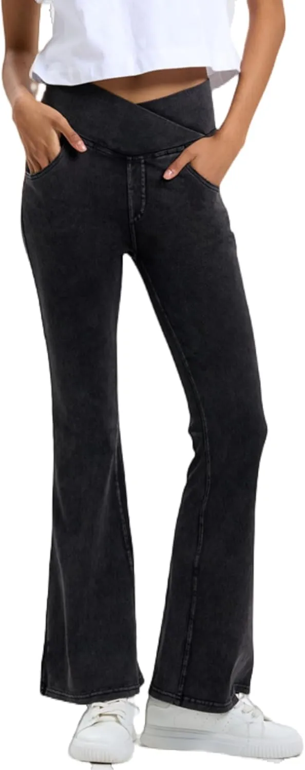 Women's High Waisted Crossover Butt-Lifting V-Waisted Flare Jeans Yoga Denim Pants with Double Pockets
