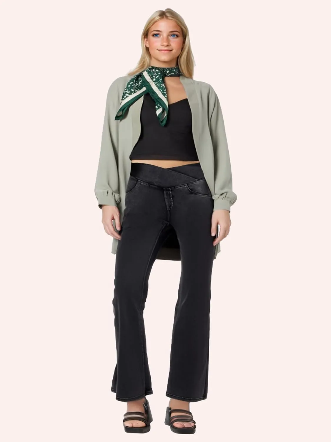 Women's High Waisted Crossover Butt-Lifting V-Waisted Flare Jeans Yoga Denim Pants with Double Pockets