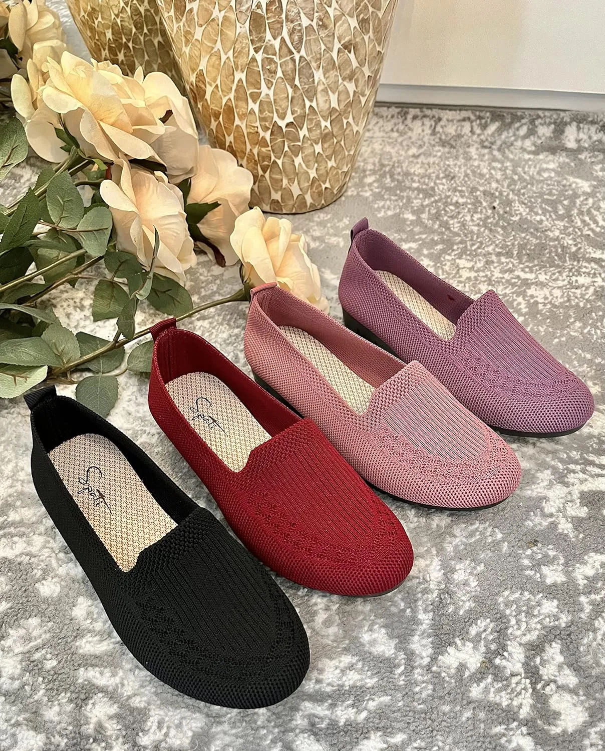 Women's Knitted Flat Shoes Lightweight Comfortable Loafers Women Footwear Slip On Casual Breathable Mesh Walking Shoes Female Round Toe Black, Pink, Purple, Red, Navy Blue, Grey, Beige