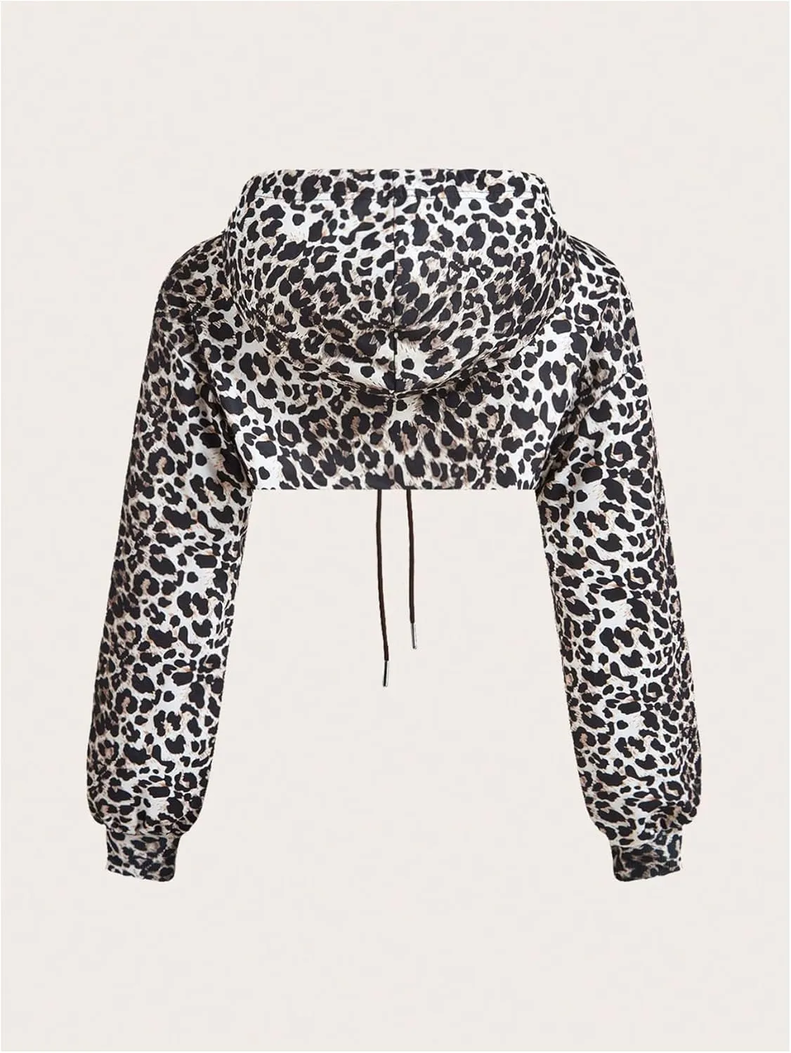 Women's Leopard Print Drawstring Crop Hoodie Drop Shoulder Long Sleeve Sweatshirt