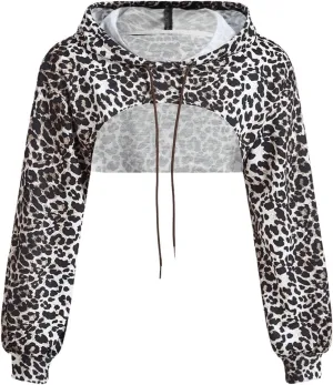 Women's Leopard Print Drawstring Crop Hoodie Drop Shoulder Long Sleeve Sweatshirt