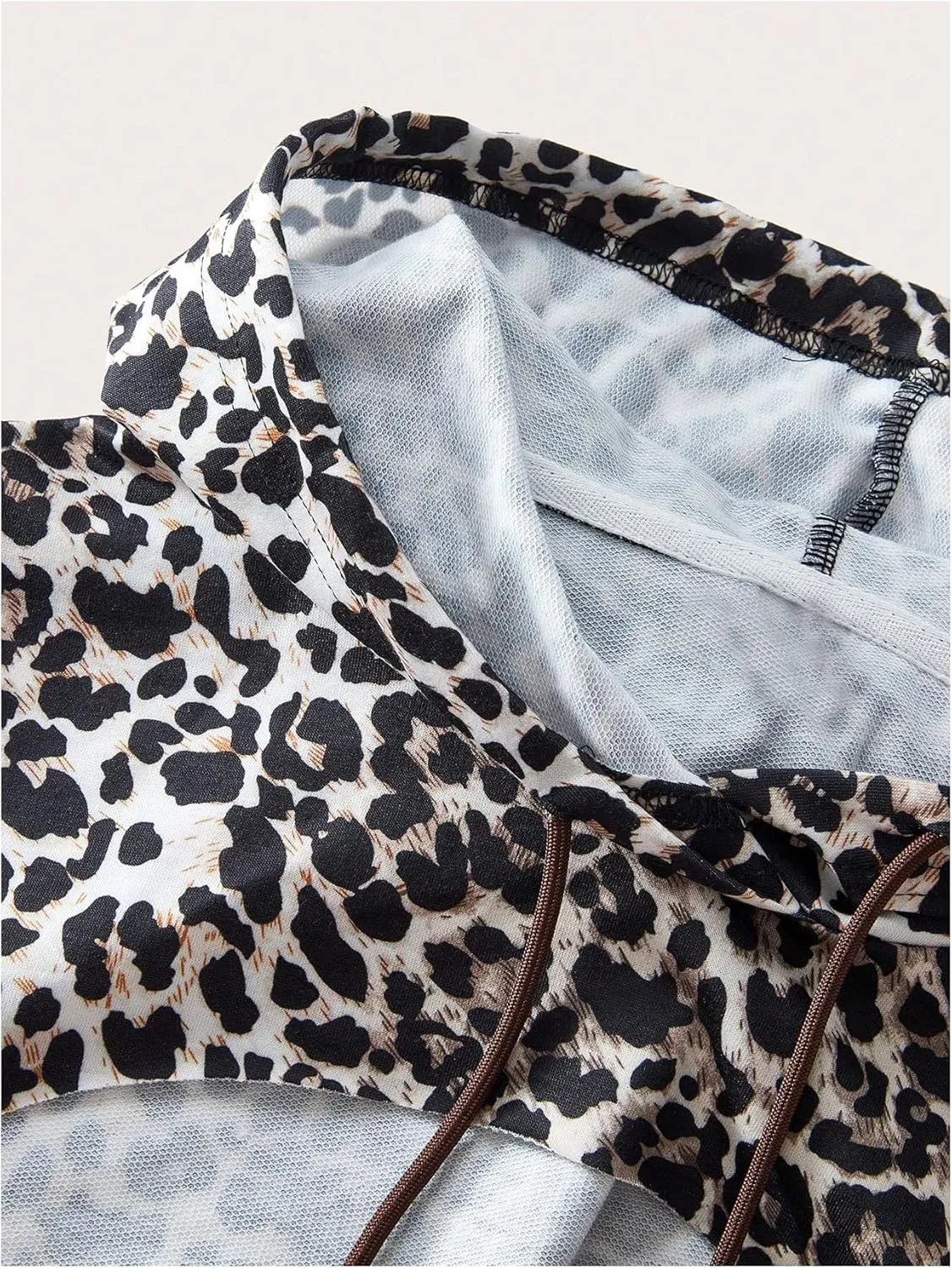 Women's Leopard Print Drawstring Crop Hoodie Drop Shoulder Long Sleeve Sweatshirt