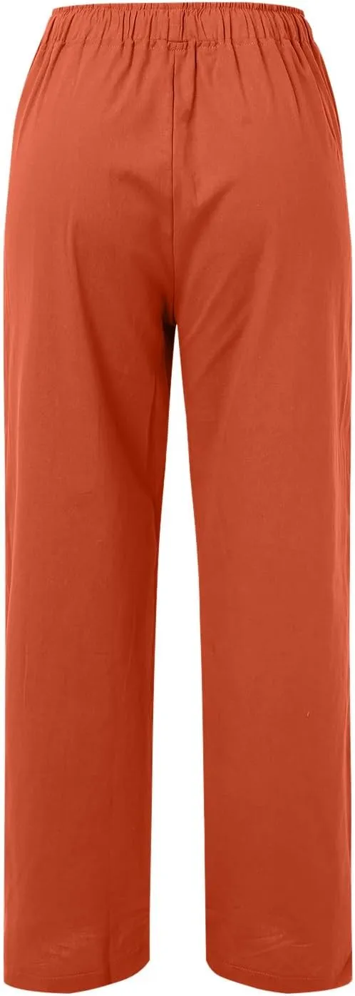 Women's Linen Pants Fall High Waist Wide Leg Yoga Pants Drawstring Casual Loose Trousers with Pockets Trendy