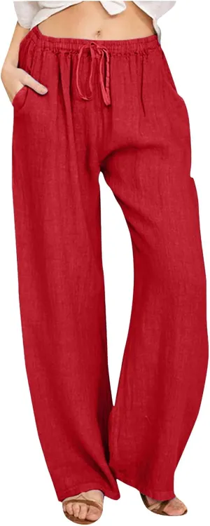 Women's Linen Pants Fall High Waist Wide Leg Yoga Pants Drawstring Casual Loose Trousers with Pockets Trendy