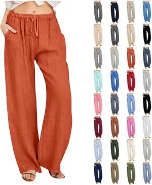 Women's Linen Pants Fall High Waist Wide Leg Yoga Pants Drawstring Casual Loose Trousers with Pockets Trendy