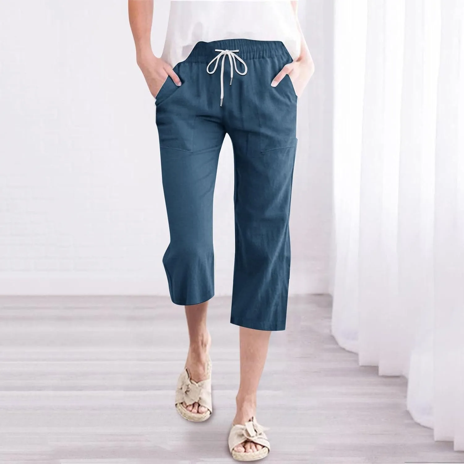 Womens Linen Pants Summer Casual Capri Candy Casual Capris Palazzo Cropped Comfy Baggy Trousers Capri Pants for