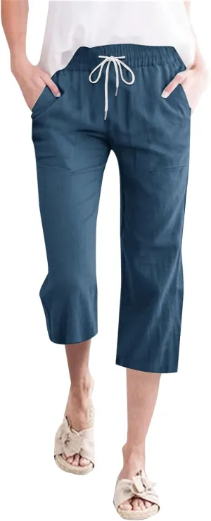 Womens Linen Pants Summer Casual Capri Candy Casual Capris Palazzo Cropped Comfy Baggy Trousers Capri Pants for