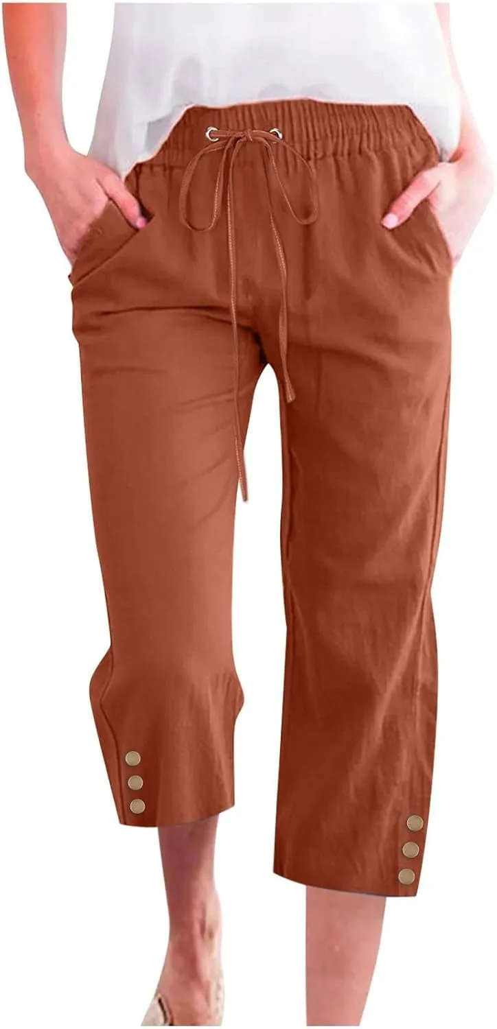 Womens Linen Pants Summer Casual Capri Candy Casual Capris Palazzo Cropped Comfy Baggy Trousers Capri Pants for
