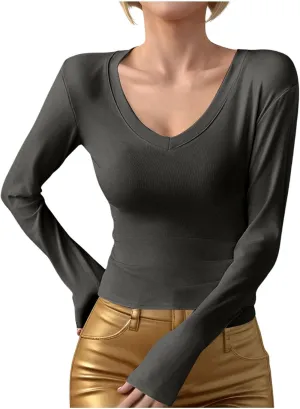 Women's Long Sleeve Shirt Tops Deep V Neck German Velvet Autumn Casual Slim Fit Basic Athletic Shirts Women Loose